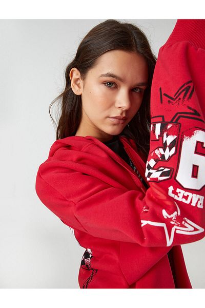 Koton Oversize mikina se zipem na zádech s potištěným dlouhým rukávem fleece uvnitř