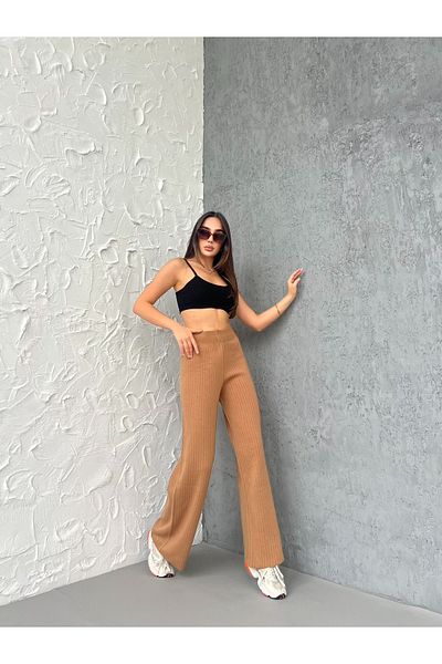 Ozy Fashion Γυναικείο Πλεκτό Παντελόνι Ανοιχτό Καφέ Κοτσαδόρο Tri001