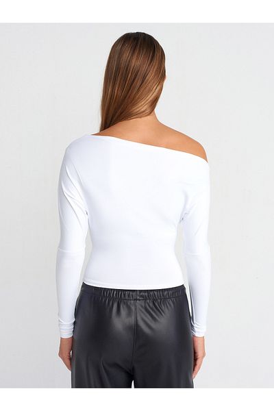 Dilvin 31438 White Asymmetrical Long Sleeve T-Shirt