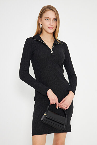 armonika Women's Black Zippered Collar Camisole Above Knee Dress ARM-24Y001001