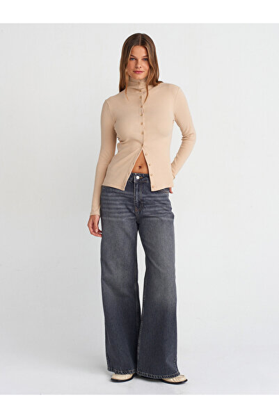 Dilvin 31440 Μπεζ Κουμπί Λεπτομερής Σταντ γιακά Μπάλα-Ανοιχτό