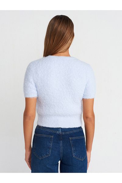 Dilvin 10648 Pulover de tricotaj lucios cu textura moale cu decolteu triplu-albastru