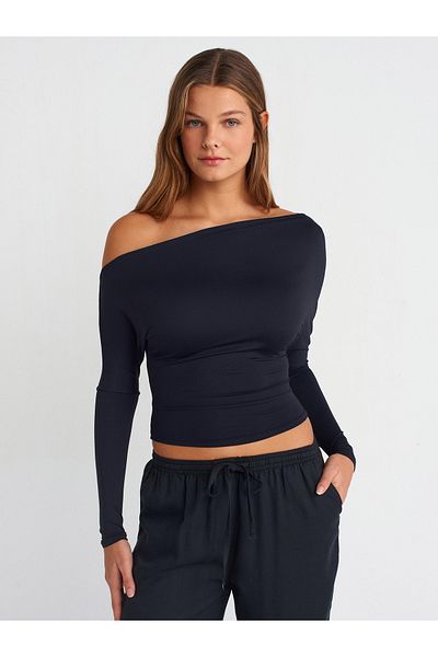 Dilvin 31438 Long Sleeve Asymmetrical T-Shirt-Black