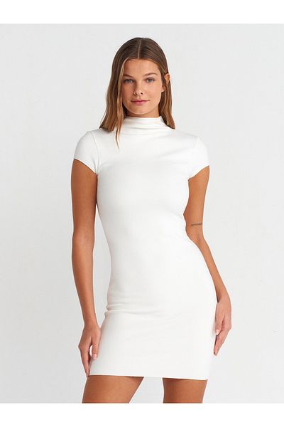 Dilvin 91304 Rochie mini elastică cu guler ridicat-Ecru