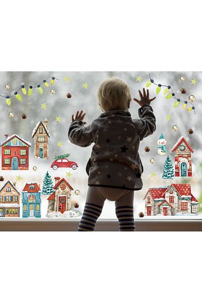 aiki New Year Snowy Winter Christmas Houses Decorative Glass, Wall Sticker