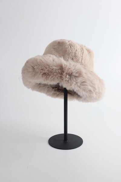 Kapin Bej Kürk Yuvarlak Şapka Peluş Bucket Krem Kalpak Şapka