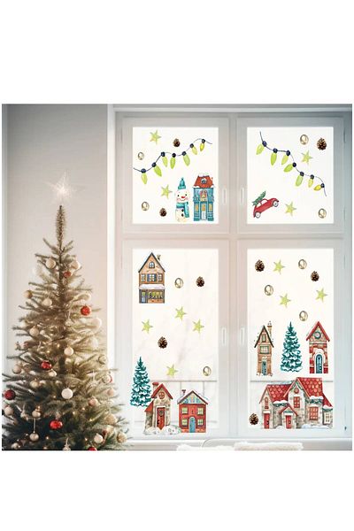 aiki New Year Snowy Winter Christmas Houses Decorative Glass, Wall Sticker