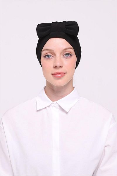HÜRREM BONE Black Practical Ready-made Hijab Bonnet Sandy Fabric Practical Bonnet with Cross Bow 1834_01