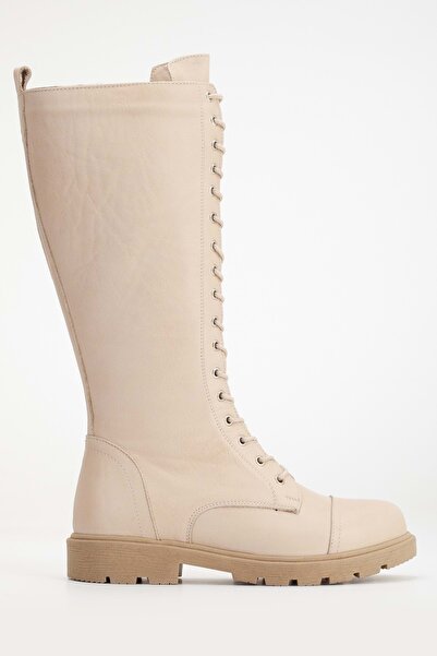 ANALİN SHOES Бежеві жіночі чоботи - натуральна шкіра, шнурівка та блискавка