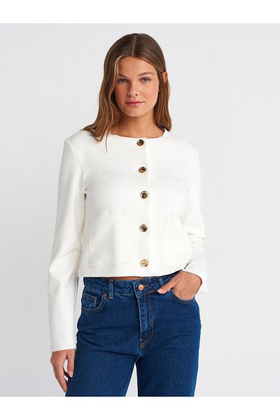 Dilvin 60411 Cardigan with Button Detail and Pockets-Ecru