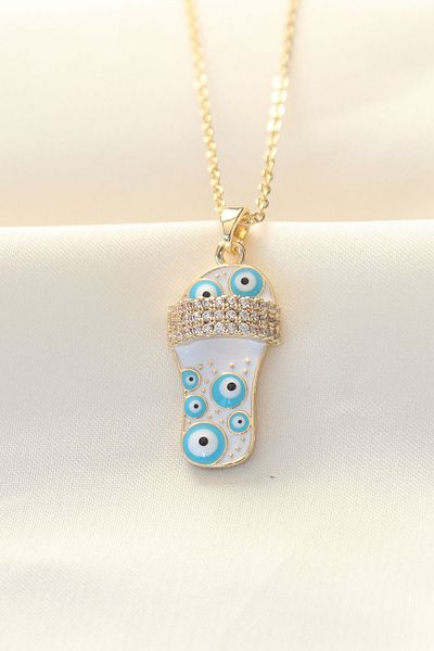 Skygo Gold Colored 316L Zircon Stone Evil Eye Beaded Slippers Necklace - TJ-BKO8496