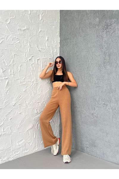 Ozy Fashion Γυναικείο Πλεκτό Παντελόνι Ανοιχτό Καφέ Κοτσαδόρο Tri001