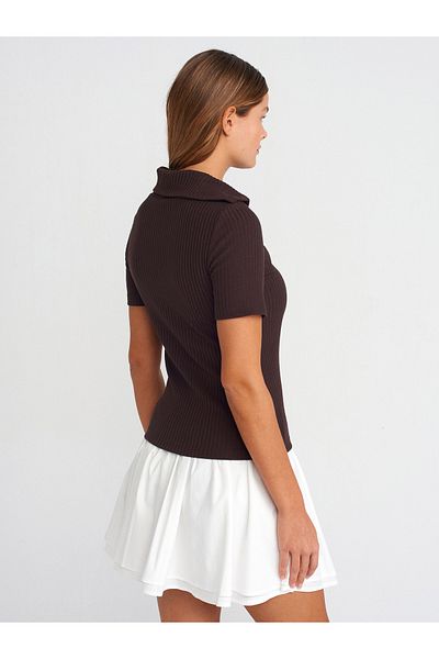 Dilvin 31389 Button Detailed Short Sleeve Ball-Dark Brown