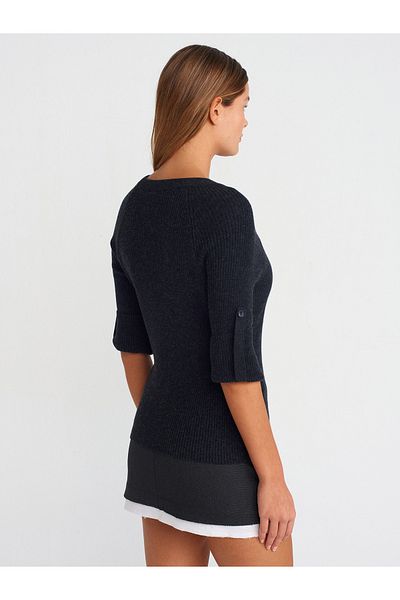 Dilvin 10647 Crew Neck Ribbed Sleeve Button Detailed Knitwear Sweater-Anthracite