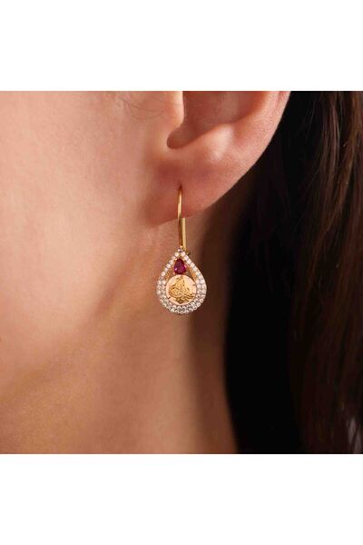 Sembol Gold Tuğralı Altın Yakutlu Küpe