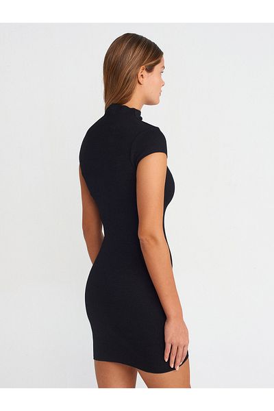 Dilvin 91304 Stand Collar Stretch Mini Dress-Black