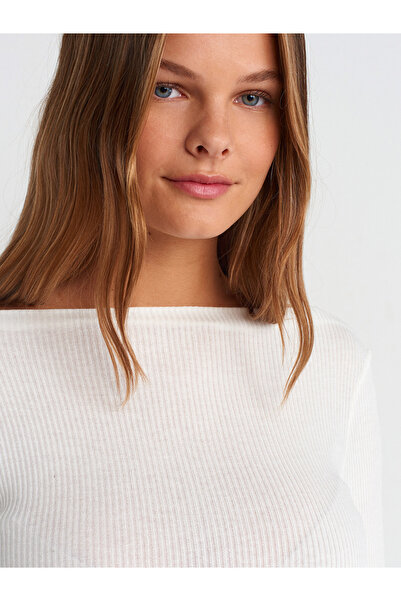 Dilvin 31462 Boat Neck Long Sleeve Top-Ecru