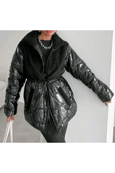 ŞİNDO GİYİM Quilted Fabric Plush Detailed Classic Pocket Classic Collar Zippered Waist Shrinkable Stylish Design Coat