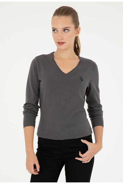U.S. Polo Assn. Pulover de bază antracit cu decolteu în V de damă