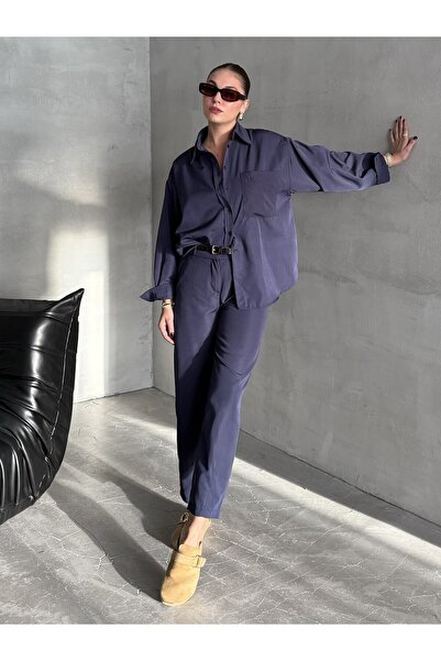 Laluvia Sötétkék Merlin öves ing nadrág szett - 8453