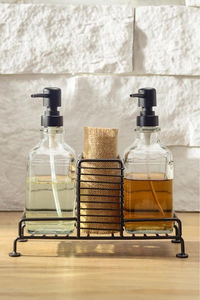 Digithome 500 ml Black Soap Dispenser - 2-Piece Metal Stand, Glass Bottle and Lotion Bottle - D/1 C1-1-289