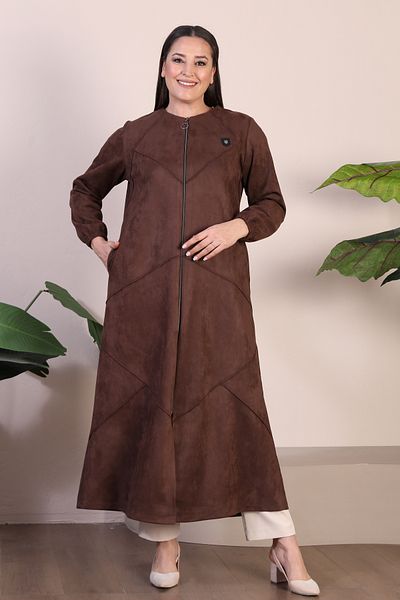 Ferace Large Size Diamond Patterned Full Length Long Suede Top Coat