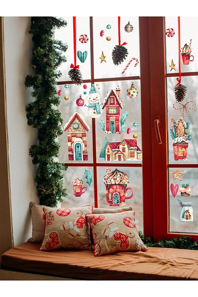 aiki Watercolor Snowman, Houses and Hot Chocolate Decoration Sticker Set Glass Wall Decoration