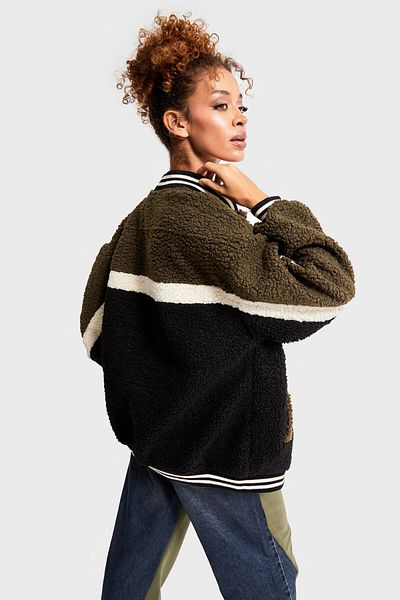 its basic Γυναικείο Χακί Μαύρο Χρώμα Teddy Ύφασμα Oversize Design College Jacket