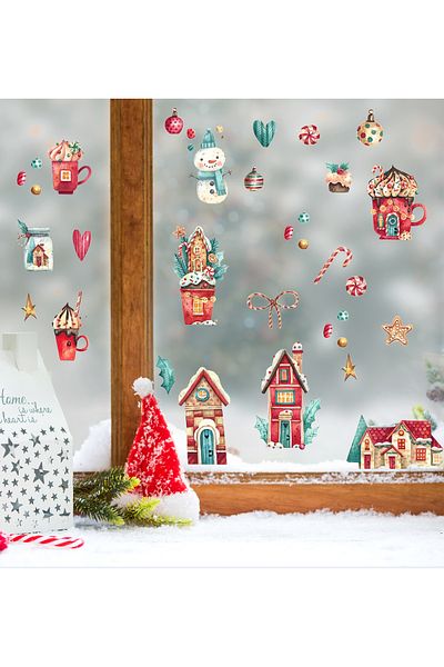 aiki Watercolor Snowman, Houses and Hot Chocolate Decoration Sticker Set Glass Wall Decoration