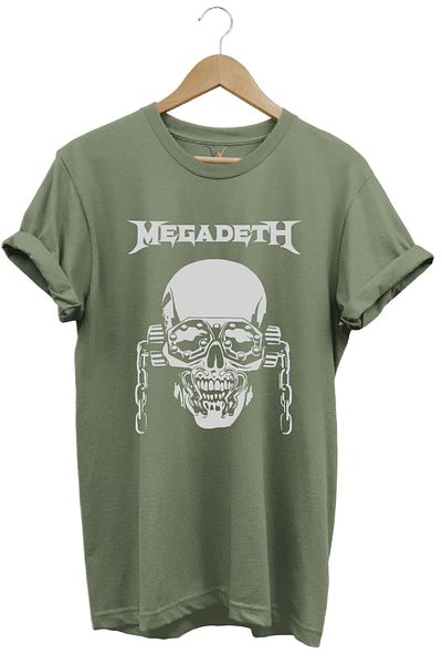 WİDİ Heavy Metal Unisex Megadeth Skull Printed 100% βαμβακερό μπλουζάκι με κανονική εφαρμογή Crew Neck Khaki