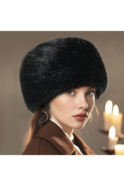 nacar çarşı Black Plush Fur Round Kalpat Hat Beanie