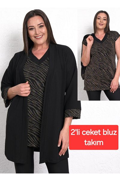 FOR ESRA BIG TREND Women's Plus Size Underwear Pattern Blouse Top Sleeve Fold Woven Crepe Stretchy Jacket Blouse Suit