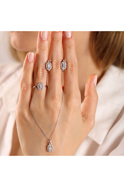 Sembol Gold 8 Ayar Beyaz Altın Baget Takı Seti (ZİNCİR DAHİL)