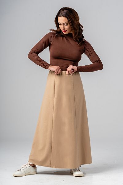 Galistore Camel Gabardine a Line Long Skirt - Elastic Waist