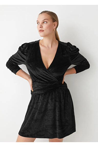vera is love DRAPELİ KADİFE MİNİ ELBİSE