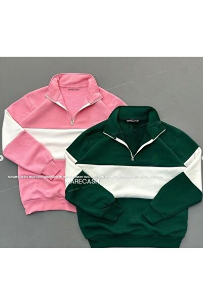MARECASH 2 Li Üst Yeşil Pembe Parçalı Renk Yarım Fermuarlı Polo Yaka Sweatshi...