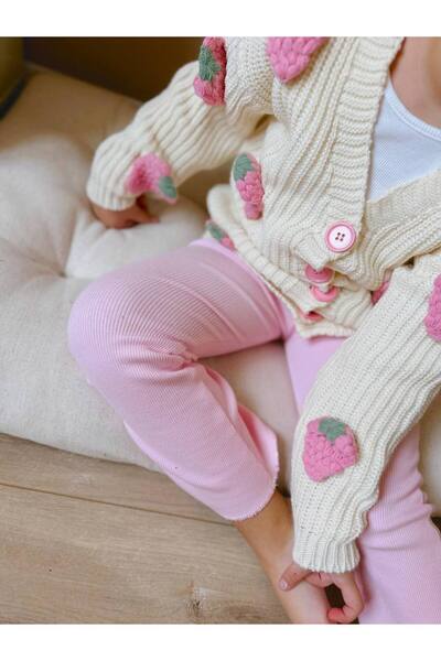 Lolliboomkids Girls' Dangle Strawberry Applique Knitwear Sweater Ribbed Leggings Bottom Top 2 Piece Set