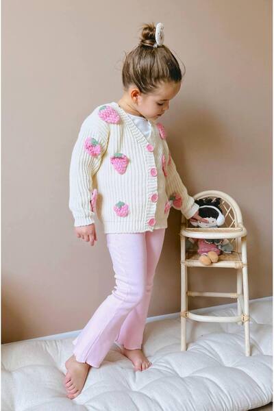 Lolliboomkids Girls' Dangle Strawberry Applique Knitwear Sweater Ribbed Leggings Bottom Top 2 Piece Set