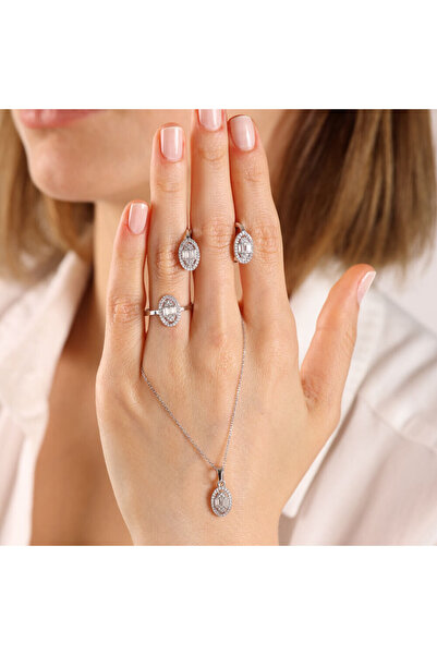 Sembol Gold 8 Ayar Beyaz Altın Baget Takı Seti Markiz (ZİNCİR DAHİL)