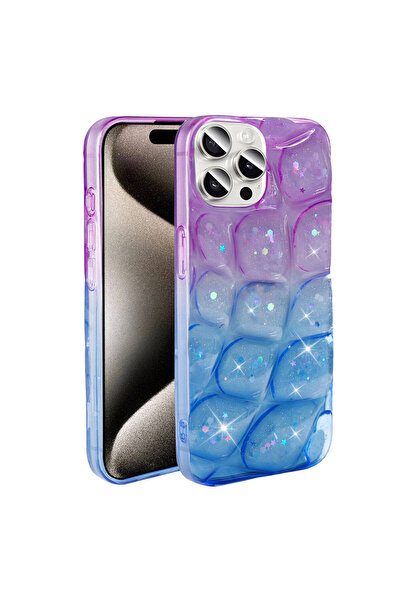 noktaks Compatible with iPhone 15 Pro Max - Case Silvery 3D Patterned Hacar Cover - Purple-Blue - T31774