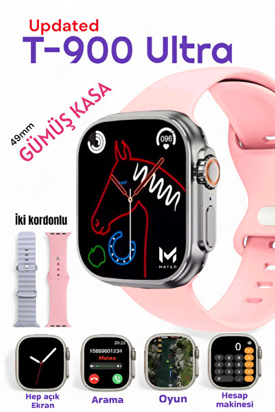 MATEO T900 ULTRA Pembe Akıllı Saat 49mm Bluetooth, Arama Özellikli, Sağlık Sensörlü, iOS & Android Uyumlu