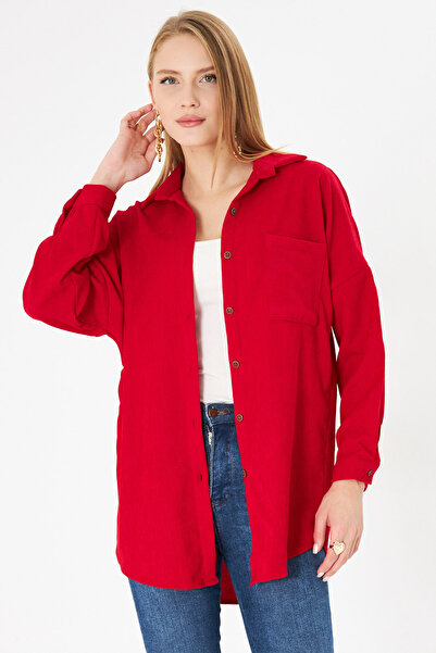 armonika Cămașă roșie cu buzunar supradimensionat din velur subțire pentru fe...