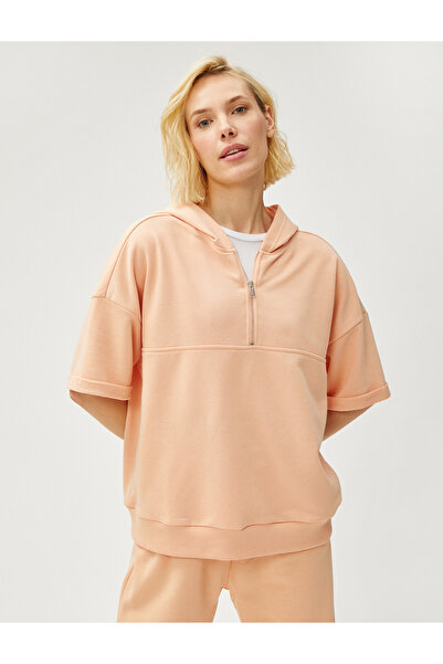 Koton Φούτερ με κουκούλα κοντό μανίκι με μισό φερμουάρ