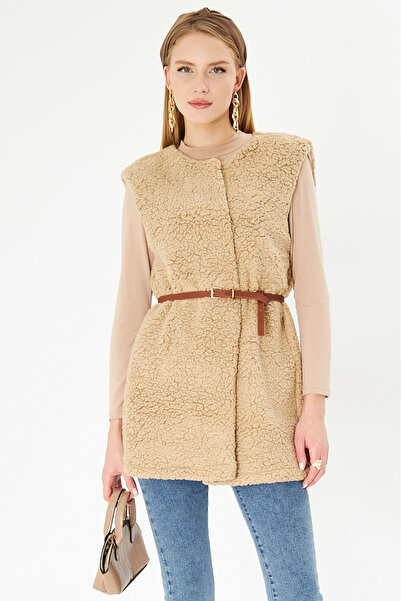 armonika Γυναικείο βελούδινο γιλέκο κρεμ από συνθετικό δέρμα ARM-25K 001067