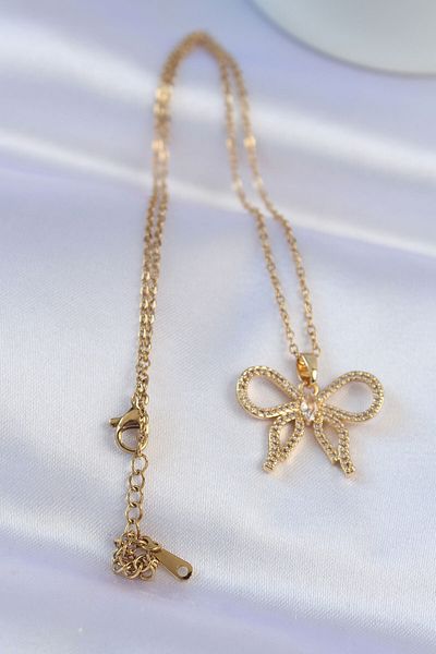 Skygo Gold Colored 316L Zircon Cubic Zirconia Bow Necklace - TJ-BKO8742