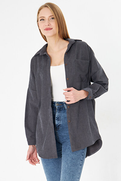 armonika Γυναικείο πουκάμισο ανθρακί με τσέπες, λεπτό κοτλέ πουκάμισο ARM-24K 001076