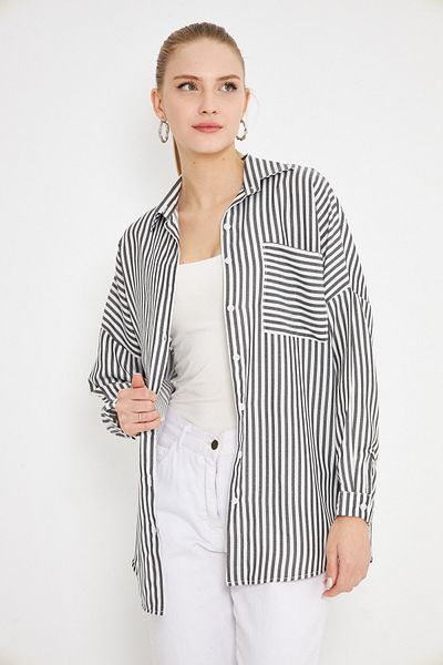 armonika Cămașă oversize plisată la spate, cu mânecă lungă, cu dungi alb-negru, cu buzunar, ARM-25K 001069
