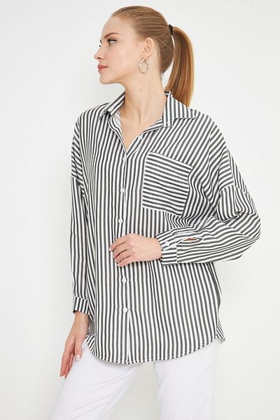 armonika Cămașă oversize plisată la spate, cu mânecă lungă, cu dungi alb-negru, cu buzunar, ARM-25K 001069