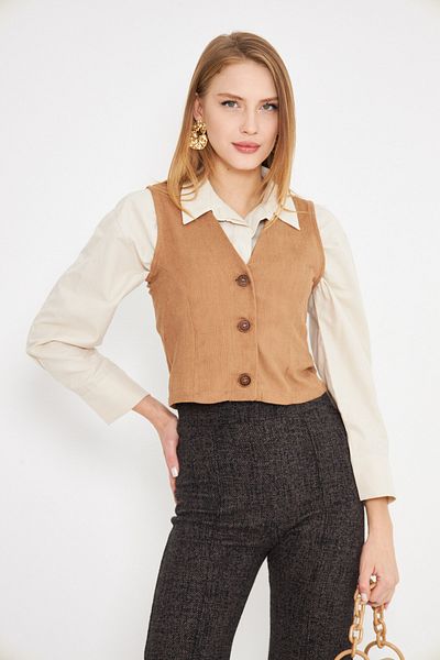 armonika Women's Mink V-Neck Slim Corduroy Vest Arm-25K 001008