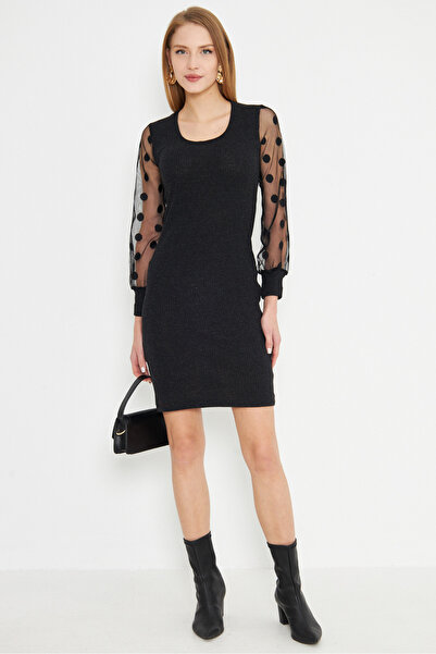 armonika Μαύρο τούλι Λεπτομερές πλεκτό φόρεμα καμισόλε με λαιμόκοψη - ARM-25K...